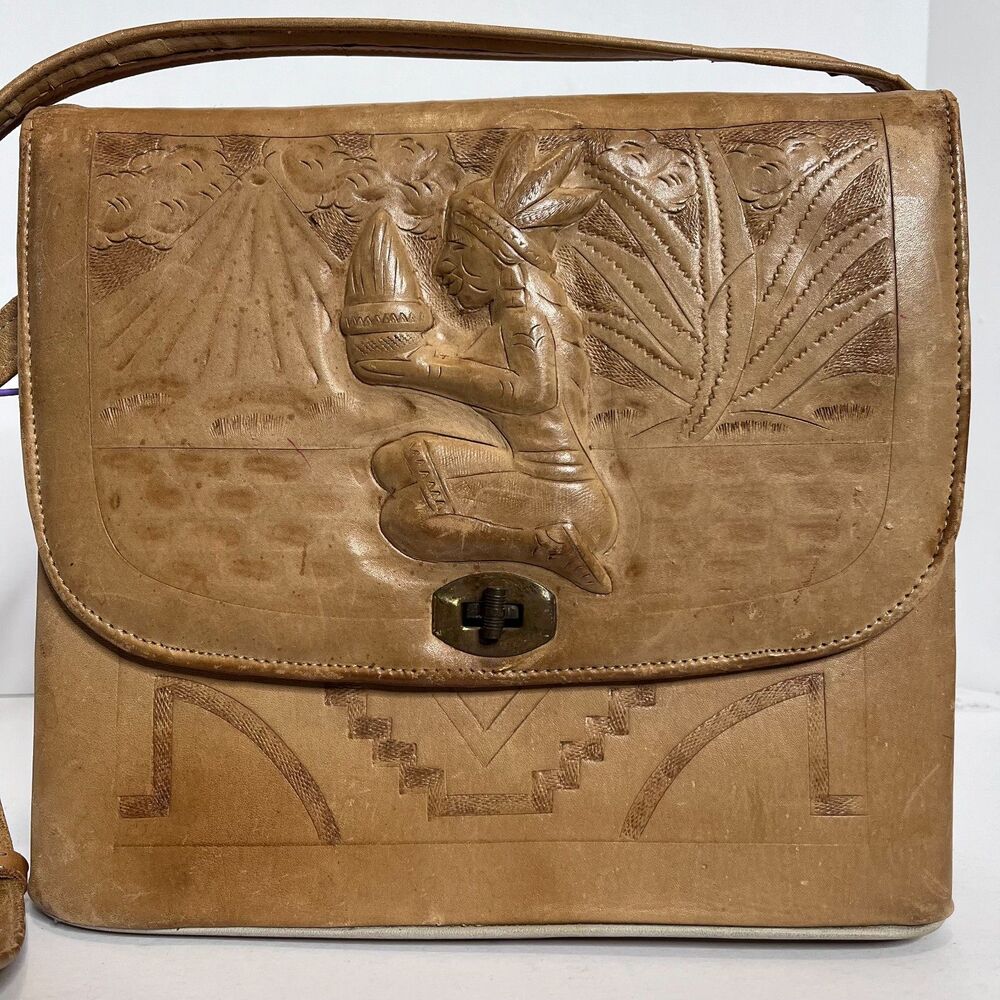 Vintage Mexican Hand Tooled Natural Leather Aztec Box Purse
